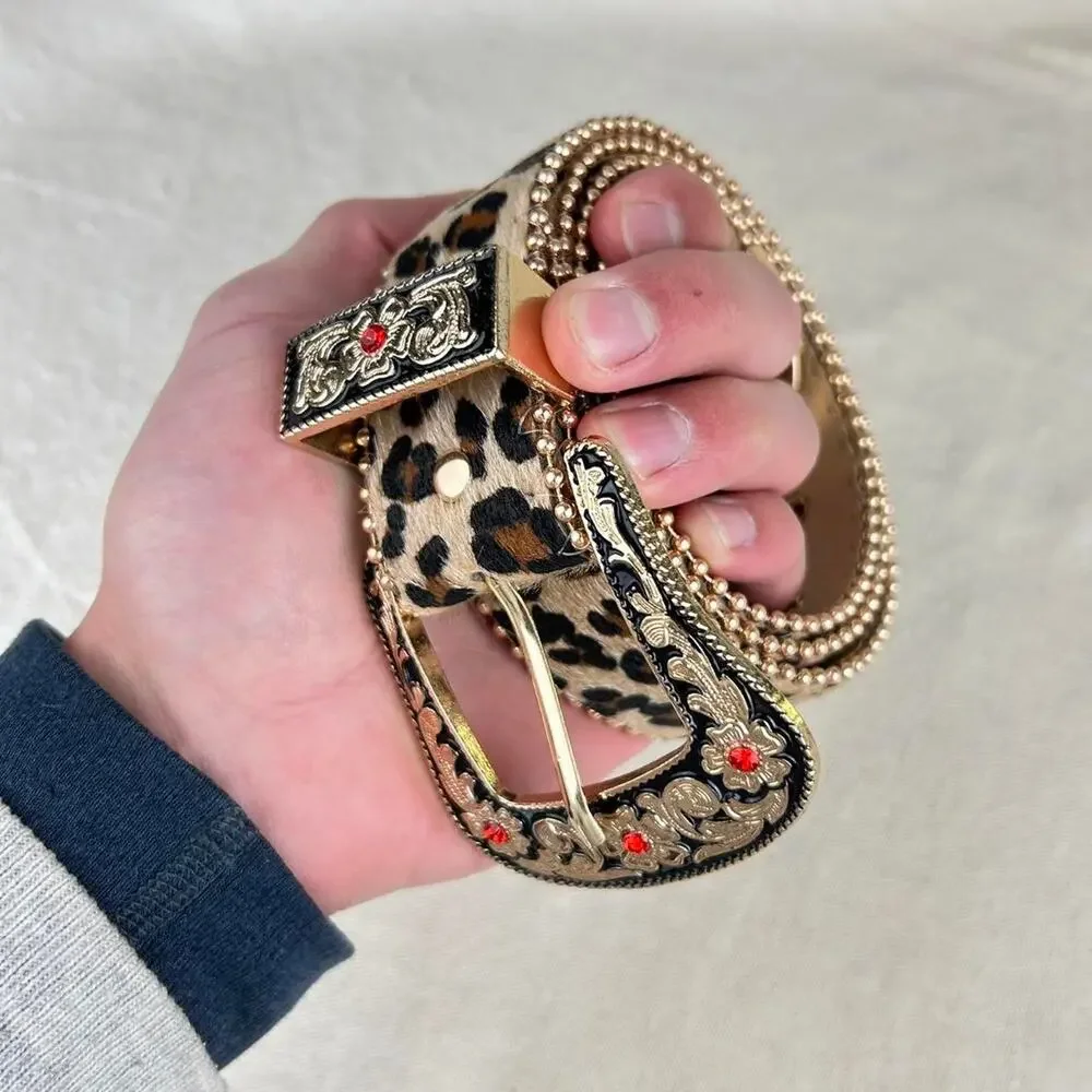Vintage style cheetah leopard print fur belt western tan and brown bedazzled